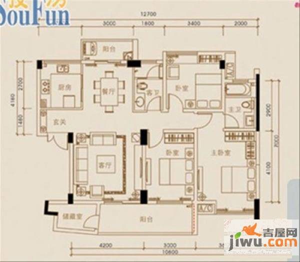 珠江花城3室2厅2卫130.2㎡户型图