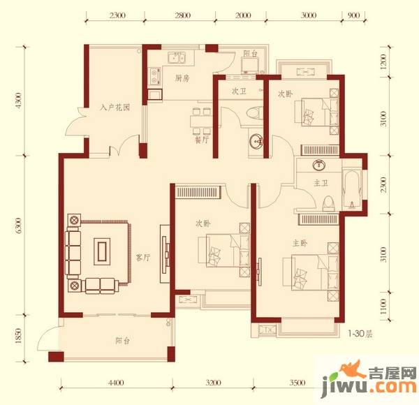 湘江世纪城3室2厅2卫138㎡户型图