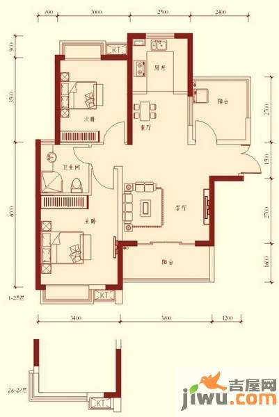 湘江世纪城2室2厅1卫91㎡户型图