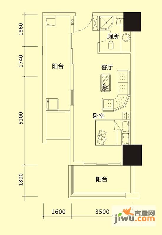 湘水一城1室1厅1卫52.7㎡户型图