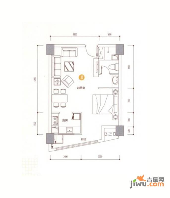 印象天心1室1厅1卫49.9㎡户型图