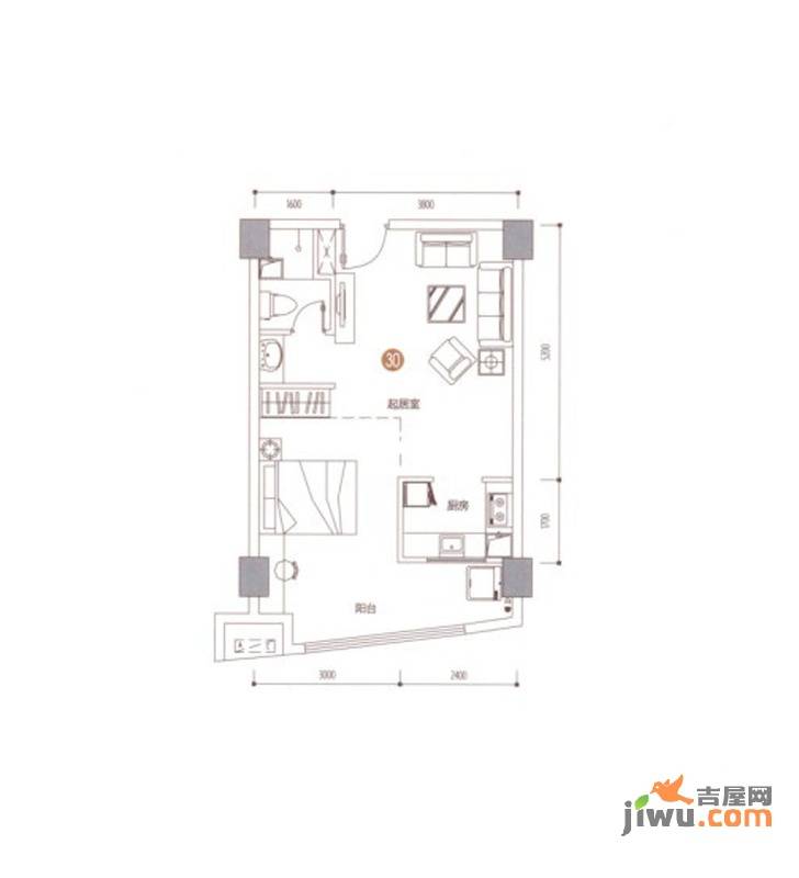 印象天心1室1厅1卫56.4㎡户型图