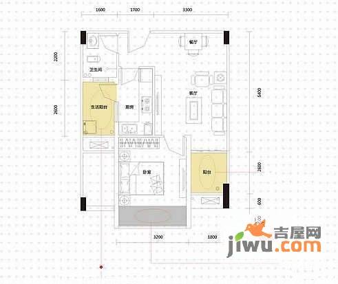 丽景源1室2厅1卫54.1㎡户型图