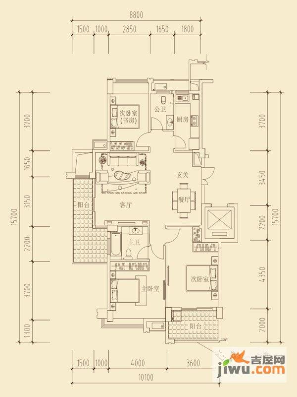 西山汇景3室2厅2卫130㎡户型图