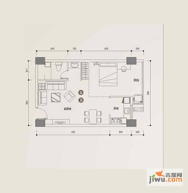 印象天心1室2厅1卫57.9㎡户型图