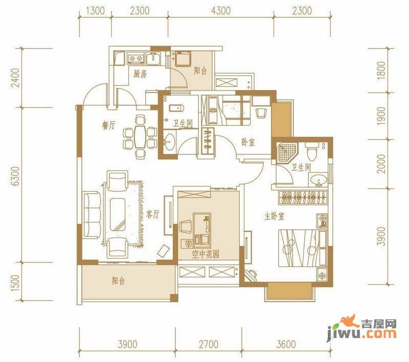 城郊涉外桃源3室2厅2卫92㎡户型图