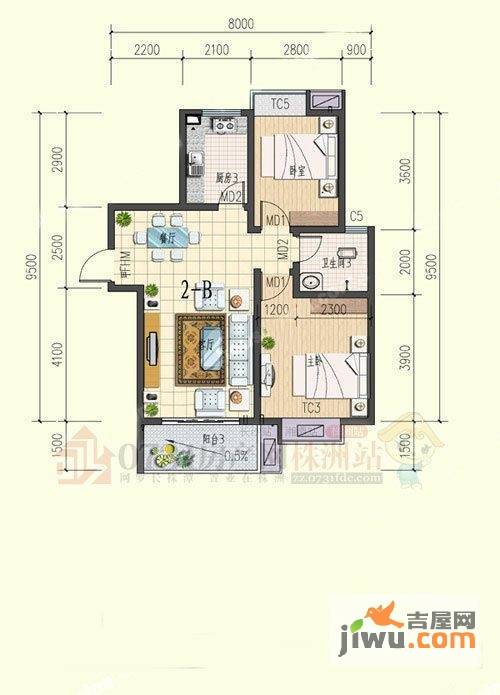 高科蓝筹公寓2室2厅1卫88.2㎡户型图