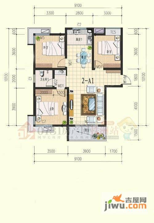 高科蓝筹公寓3室2厅1卫113㎡户型图