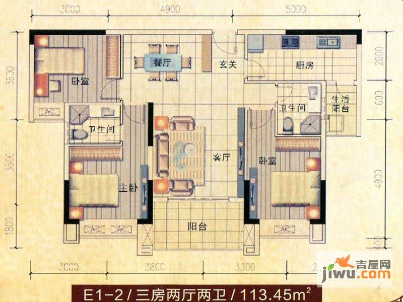 高科慧谷阳光3室2厅2卫113.5㎡户型图