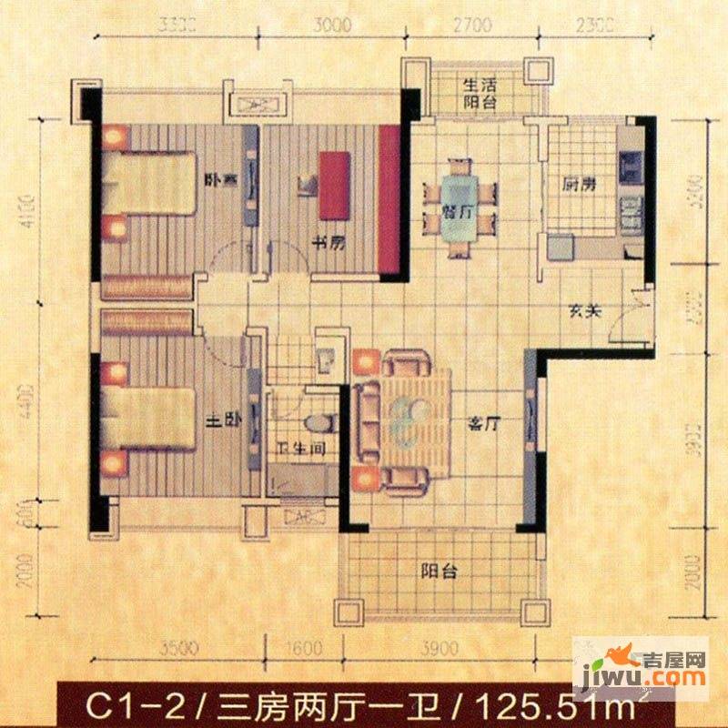 高科慧谷阳光3室2厅1卫125.5㎡户型图