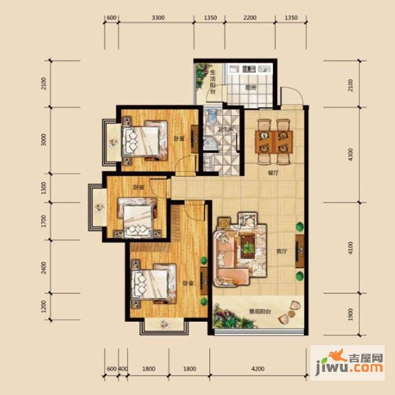 华府龙苑3室2厅1卫102㎡户型图