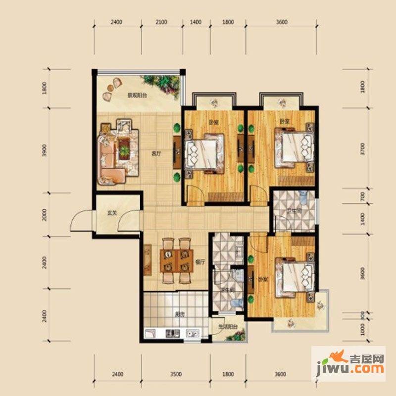 华府龙苑3室2厅2卫131.2㎡户型图