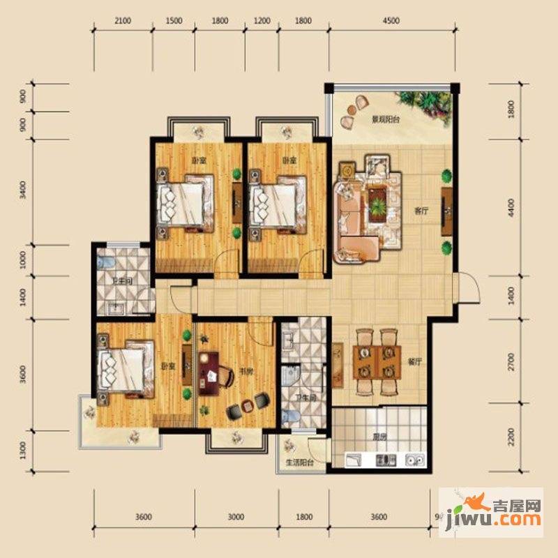 华府龙苑4室2厅2卫145.4㎡户型图