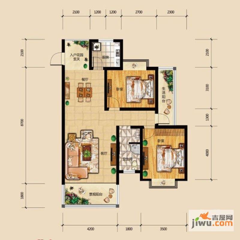 华府龙苑2室2厅1卫108.8㎡户型图