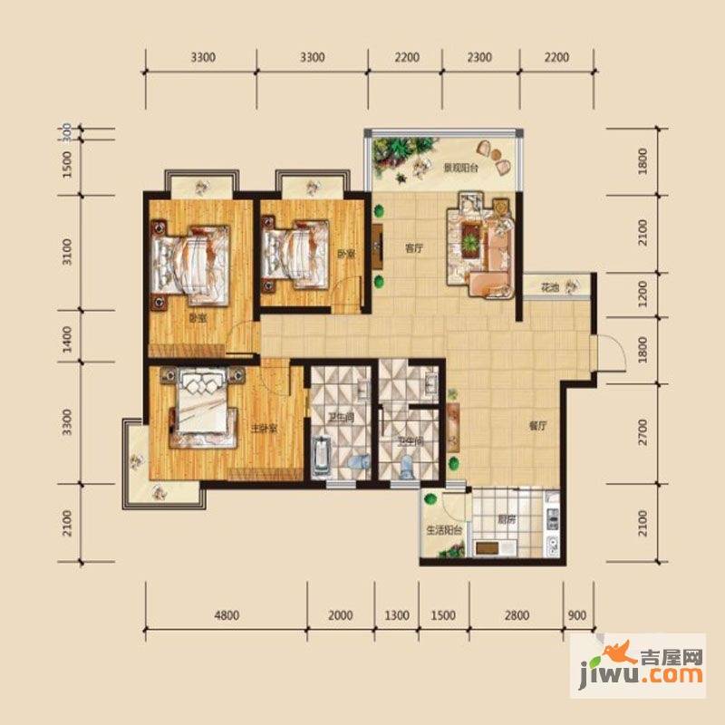 华府龙苑3室2厅2卫129.8㎡户型图