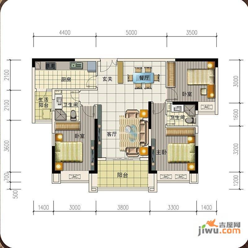 高科慧谷阳光3室2厅2卫115.3㎡户型图