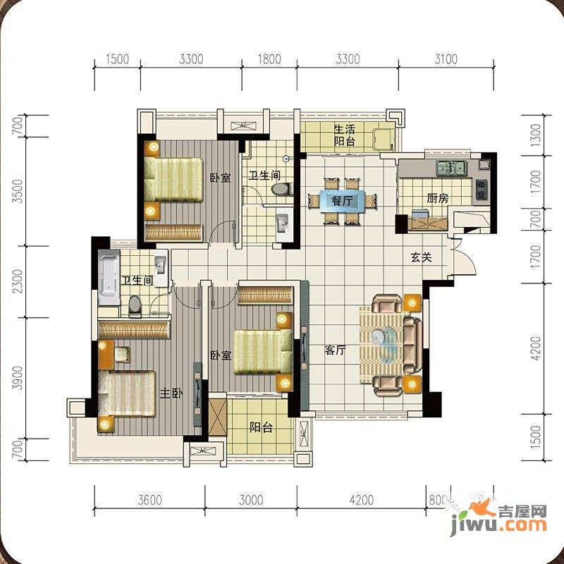 高科慧谷阳光3室2厅2卫134㎡户型图