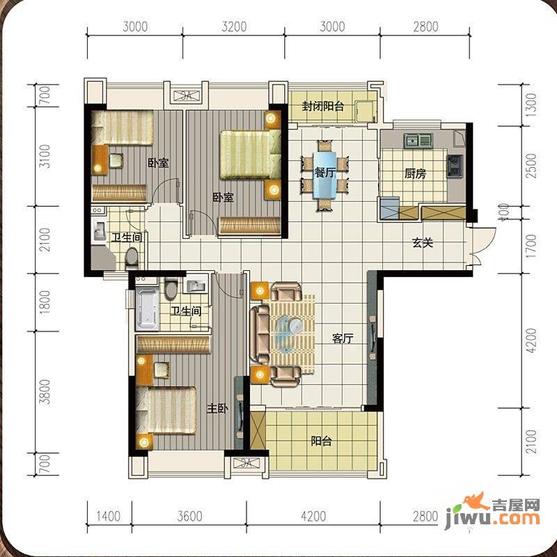 高科慧谷阳光3室2厅2卫136.2㎡户型图