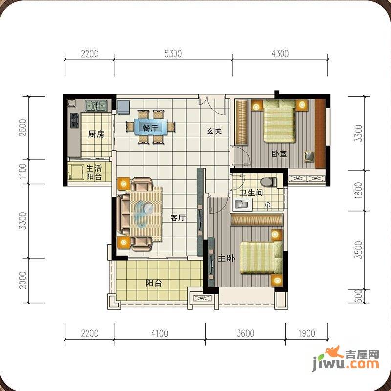 高科慧谷阳光2室2厅1卫102㎡户型图