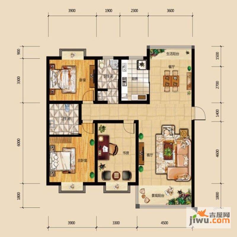 华府龙苑3室2厅2卫140.4㎡户型图