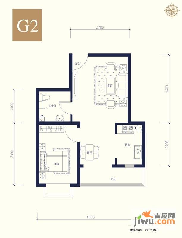 夏威夷南岸二期1室1厅1卫57.4㎡户型图