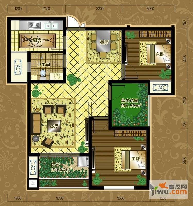 万丽铂金瀚宫2室2厅1卫132.4㎡户型图