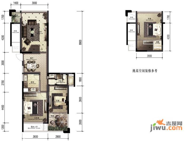 积家3室2厅1卫86㎡户型图