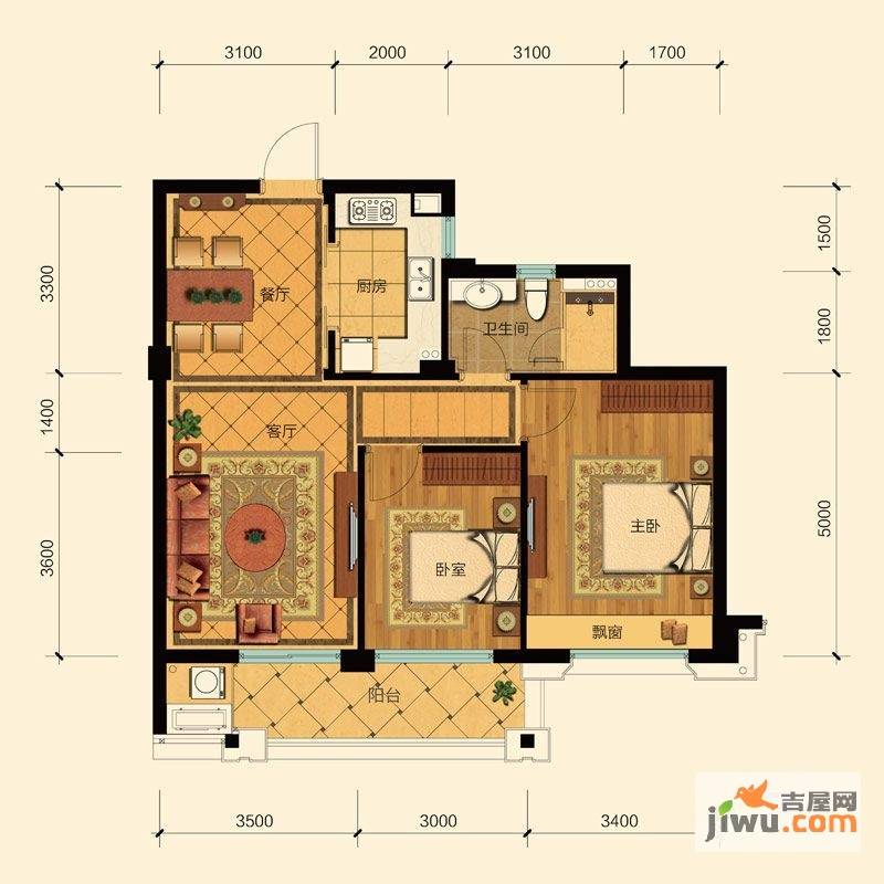 滨江曙光之城2室2厅1卫89㎡户型图