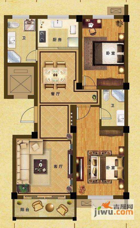 诚盛美郡2室2厅2卫113㎡户型图