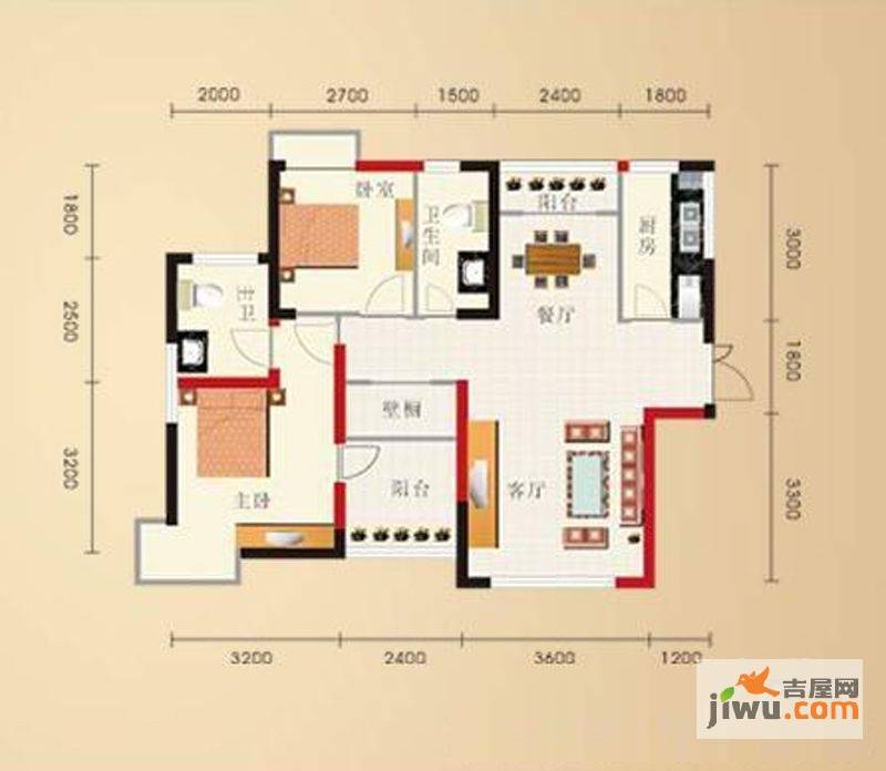 楚天都市金园2室1厅1卫94.3㎡户型图