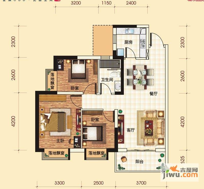 兰亭熙园3室2厅1卫88㎡户型图