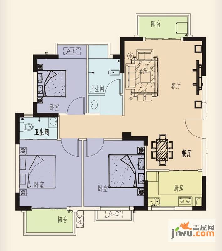 维纳阳光3室2厅2卫97.6㎡户型图