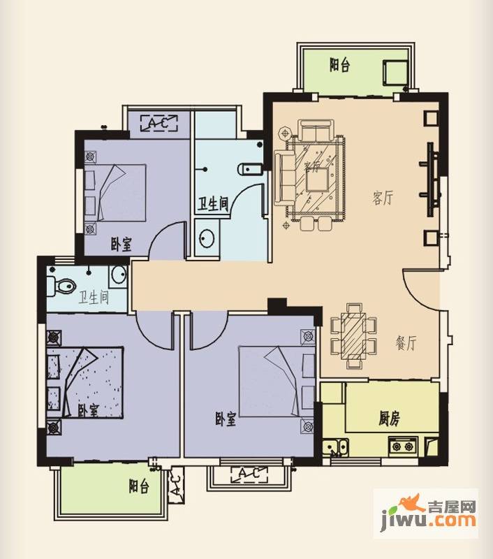 维纳阳光3室2厅2卫95.4㎡户型图