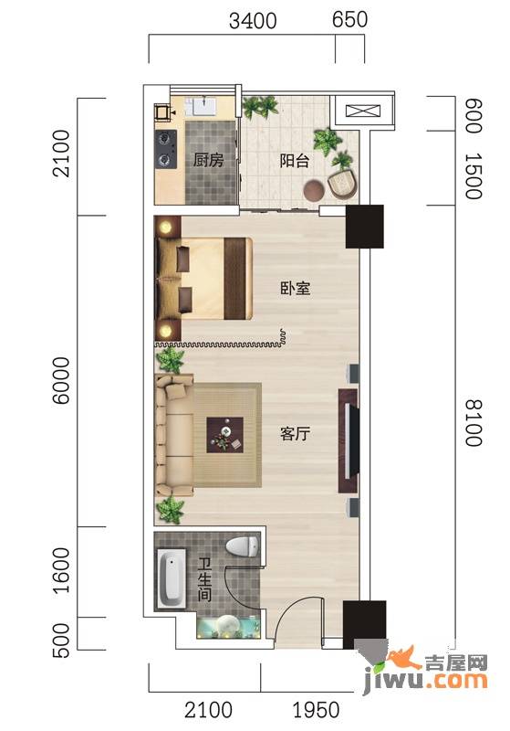 紫菘枫尚国际1室1厅1卫49㎡户型图