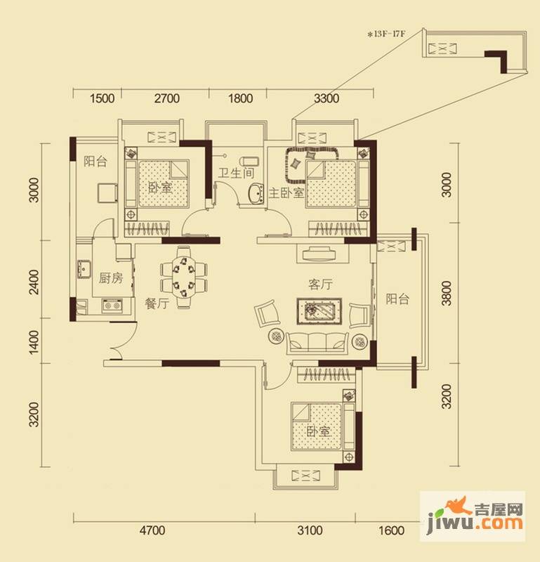 左岸美邻3室2厅1卫93.5㎡户型图