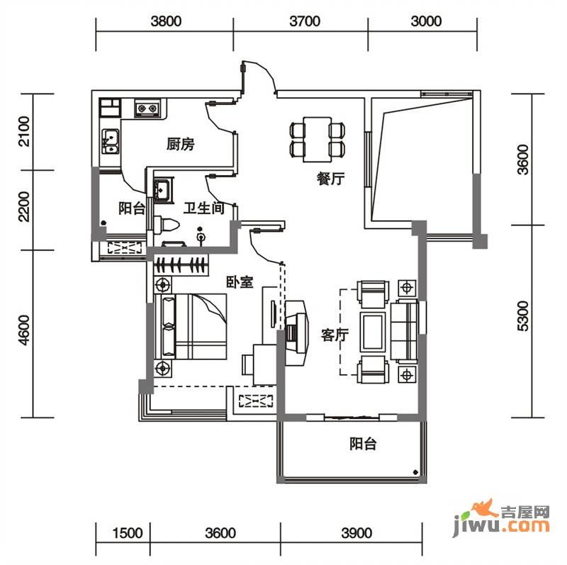 青城国际1室2厅1卫89.4㎡户型图