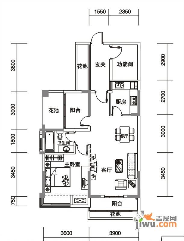 青城国际1室2厅1卫94.1㎡户型图