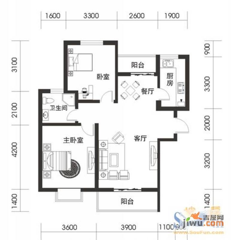 城市之光2室2厅1卫90.5㎡户型图