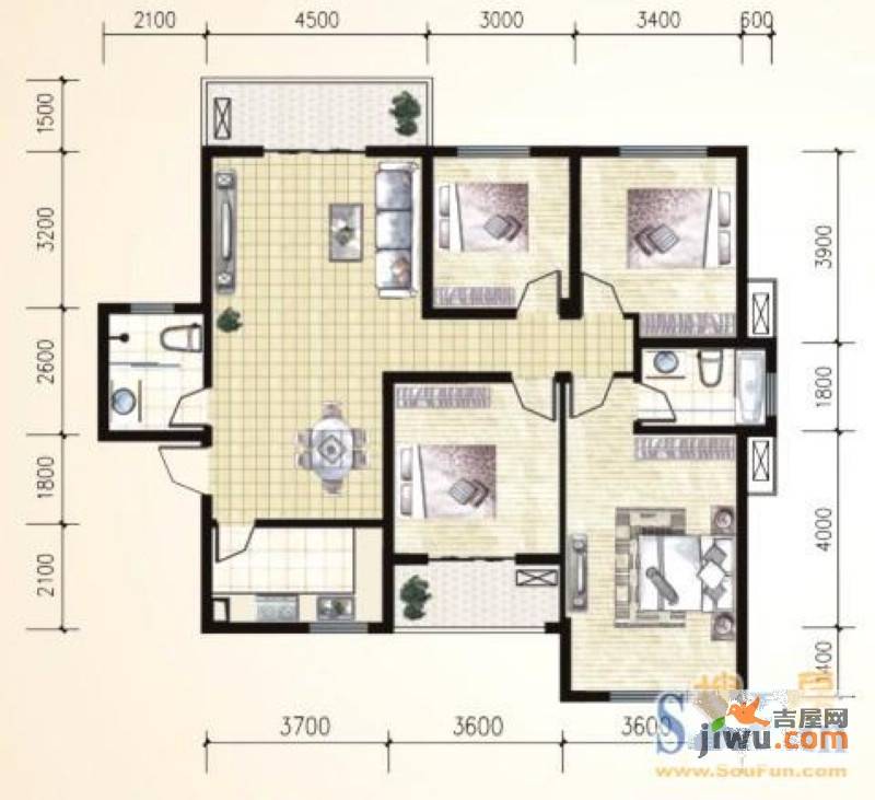 锦湖金利花园4室2厅2卫125㎡户型图