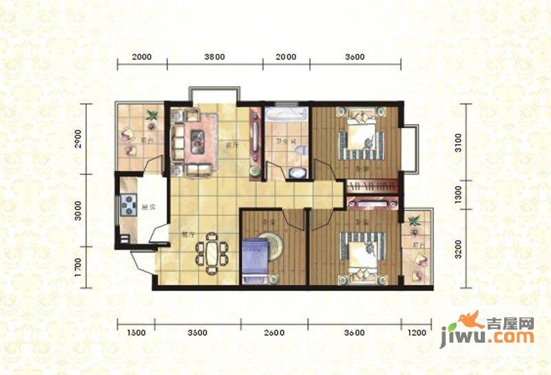 尚城名门3室2厅1卫101.5㎡户型图