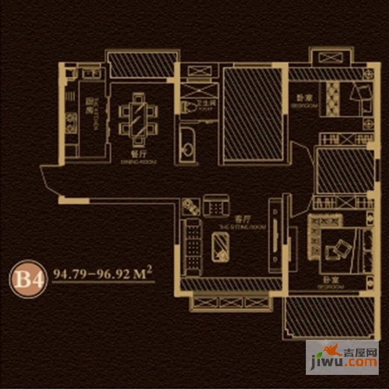 银泰御华园2室2厅2卫94.8㎡户型图