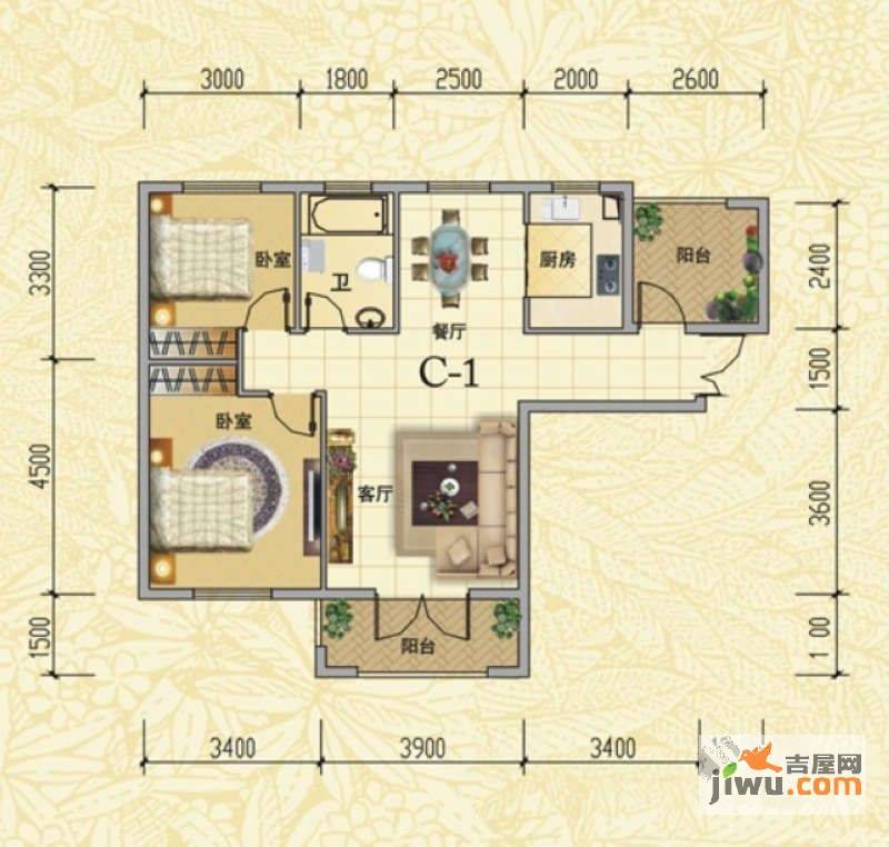 江南总督府2室2厅1卫88.8㎡户型图