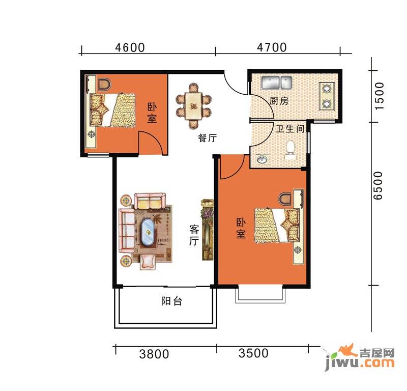 億家天下2室2厅1卫83㎡户型图