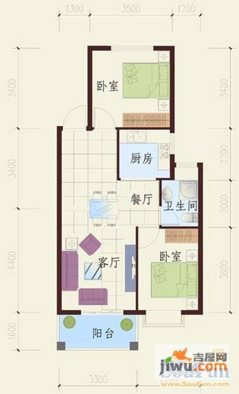 祥云春晓四期2室2厅1卫69.1㎡户型图