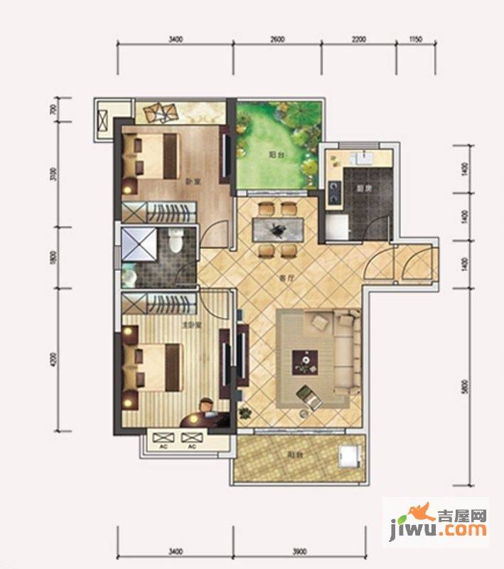 沿海赛洛城四期2室2厅1卫88㎡户型图