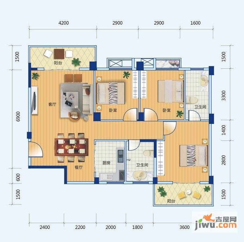 东谷中鑫城3室2厅2卫106.4㎡户型图