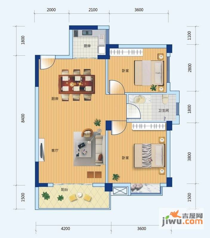 东谷中鑫城2室2厅1卫84.5㎡户型图