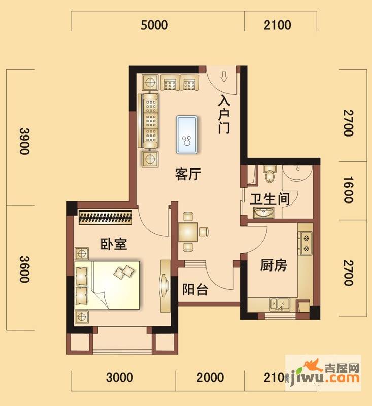 南国明珠芯片人社区1室2厅1卫45㎡户型图