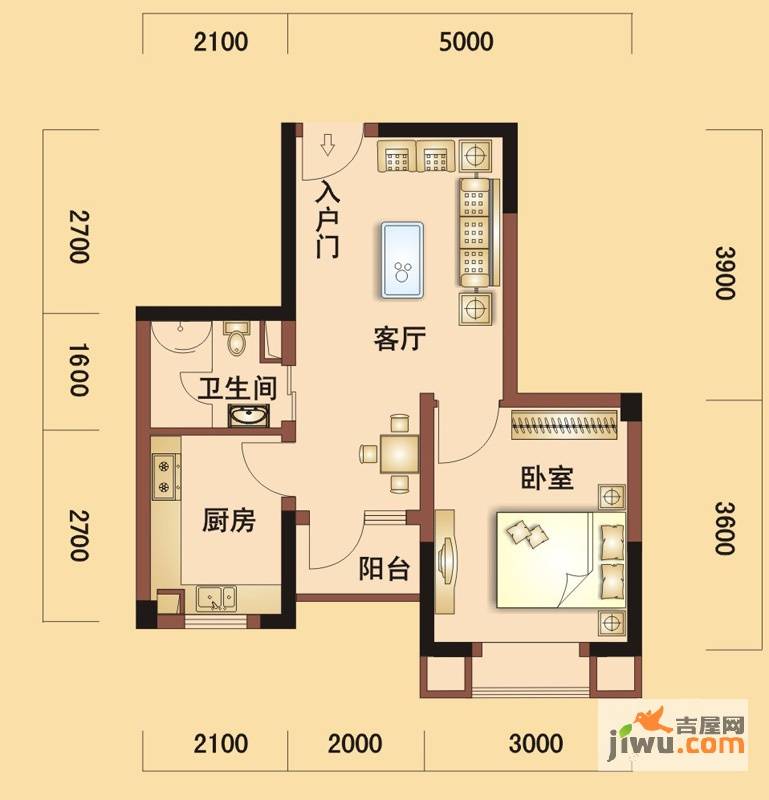 南国明珠芯片人社区1室2厅1卫50㎡户型图