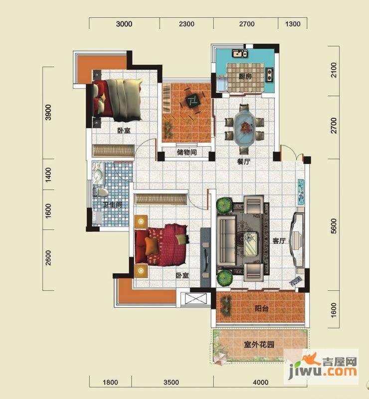 丝宝叠翠园2室2厅1卫89㎡户型图